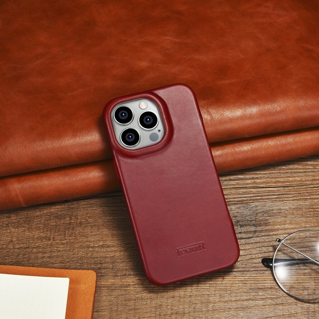 iCarer Leather iPhone 14 Pro Max Flip Magnetic MagSafe Red (AKI14220708-RD) cena un informācija | Telefonu vāciņi, maciņi | 220.lv