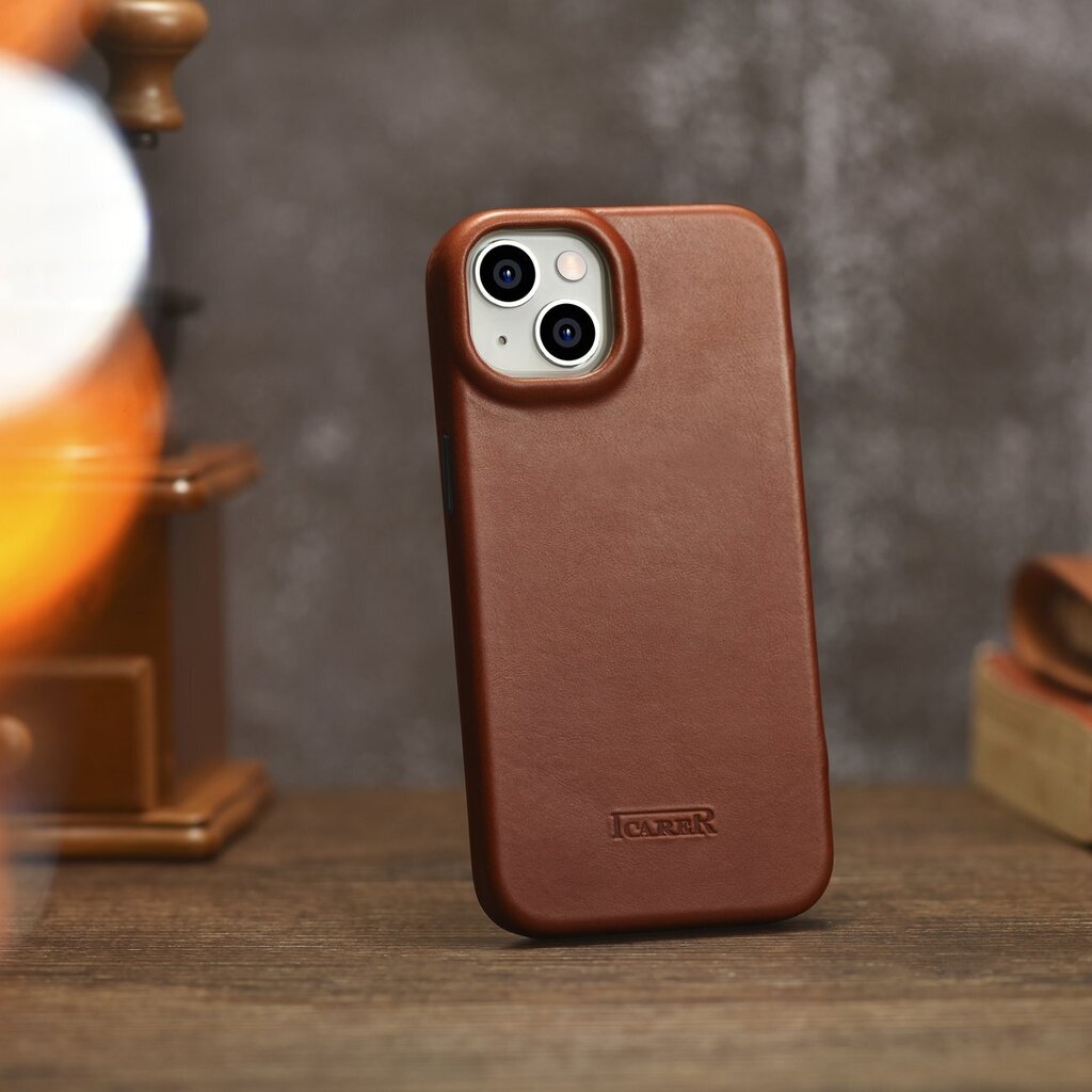 iCarer Leather iPhone 14 Plus magnetic flip MagSafe brown (AKI14220707-BN) cena un informācija | Telefonu vāciņi, maciņi | 220.lv