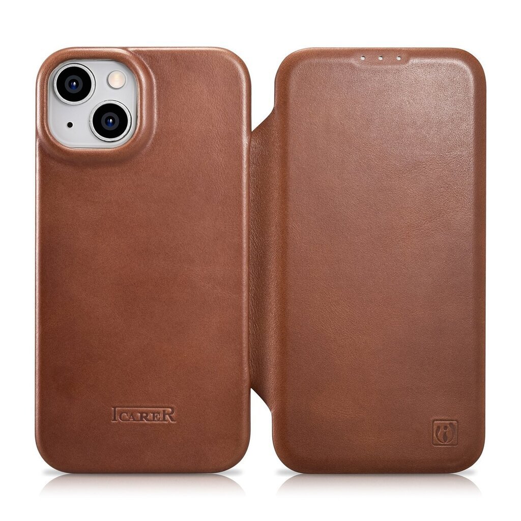 iCarer Leather iPhone 14 Plus magnetic flip MagSafe brown (AKI14220707-BN) cena un informācija | Telefonu vāciņi, maciņi | 220.lv