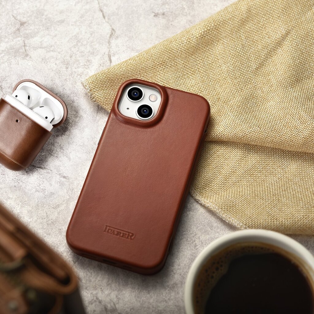 iCarer Leather iPhone 14 Flip Magnetic MagSafe Brown (AKI14220705-BN) cena un informācija | Telefonu vāciņi, maciņi | 220.lv