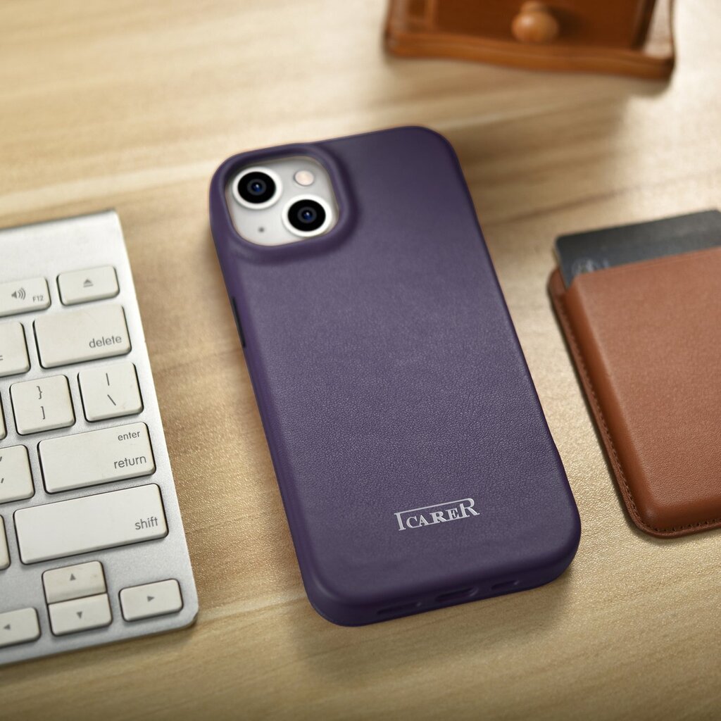 iCarer Leather iPhone 14 Flip Magnetic MagSafe Leather Dark Purple (WMI14220713-DP) cena un informācija | Telefonu vāciņi, maciņi | 220.lv