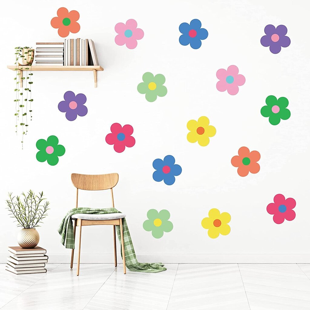 Daudzkrāsainas sienas uzlīmes Cute Retro Flowers, ūdeni atgrūdošas, pie sienas drošas vinila uzlīmes 16 gab (Ø 18 cm) cena un informācija | Dekoratīvās uzlīmes | 220.lv