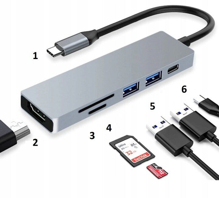 Adapteris 6in1 HUB USB-C HDMI 4K SD Macbook Pro / Air цена и информация | Adapteri un USB centrmezgli | 220.lv