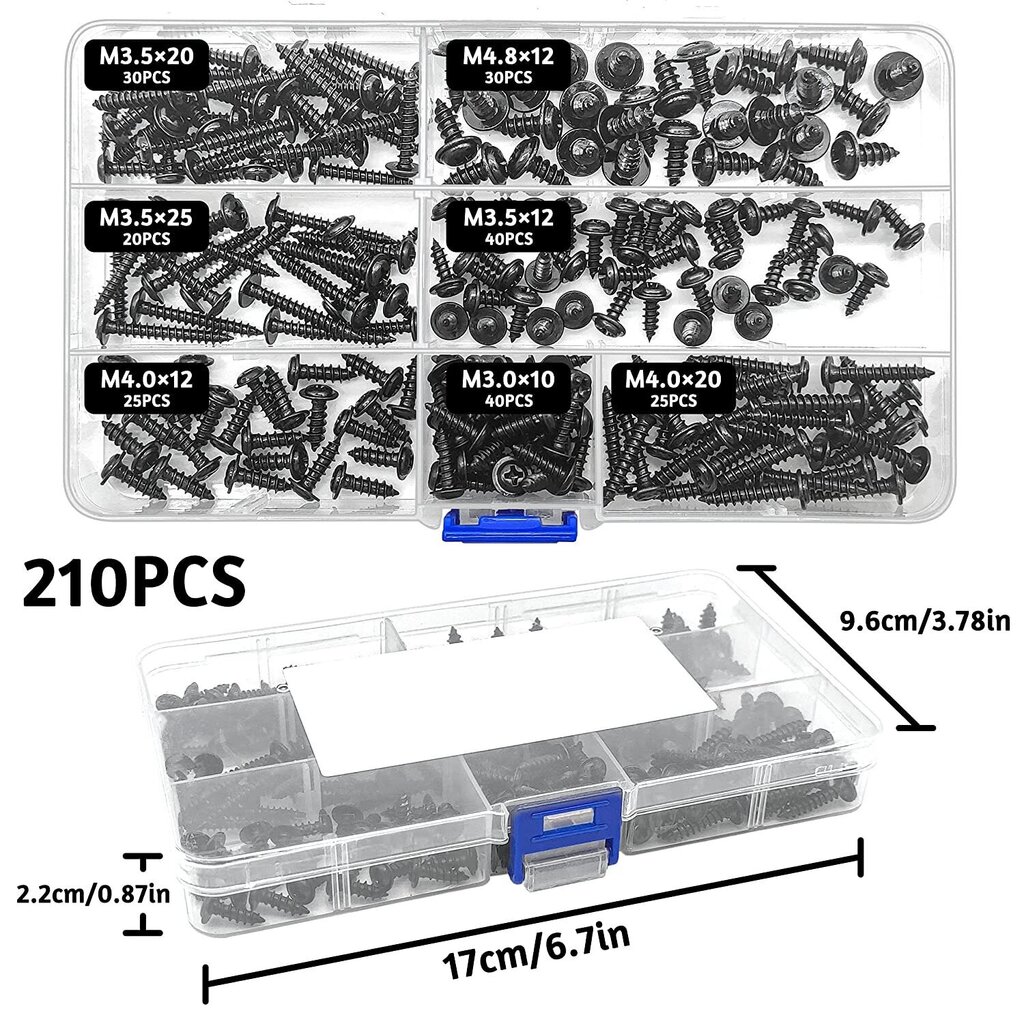 Pašvītņojošo skrūvju komplekts - 7 izmēri M3 / M3.5 / M4 / M4.8 sērija (210 gab. iepakojumā) cena un informācija | Rokas instrumenti | 220.lv