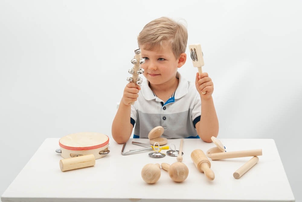 Koka mūzikas perkusijas komplekts bērniem - 16 instrumenti цена и информация | Rotaļlietas zīdaiņiem | 220.lv