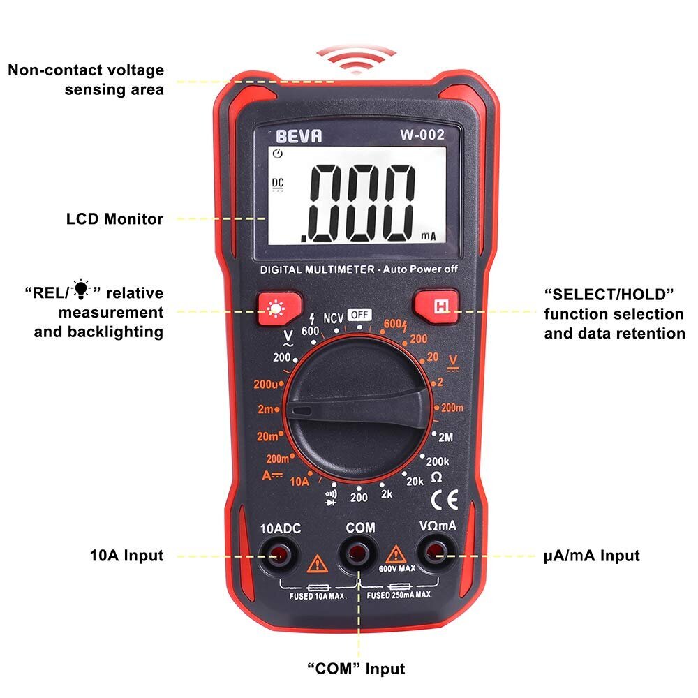 Digitālais multimetrs, CAT II 600 V Voltmetra multi testeris maiņstrāvas / līdzstrāvas spriegumam, līdzstrāvas elektrība, pārejas pretestības jaudas frekvence ar salokāmu statīvu un fona apgaismojumu cena un informācija | Auto piederumi | 220.lv