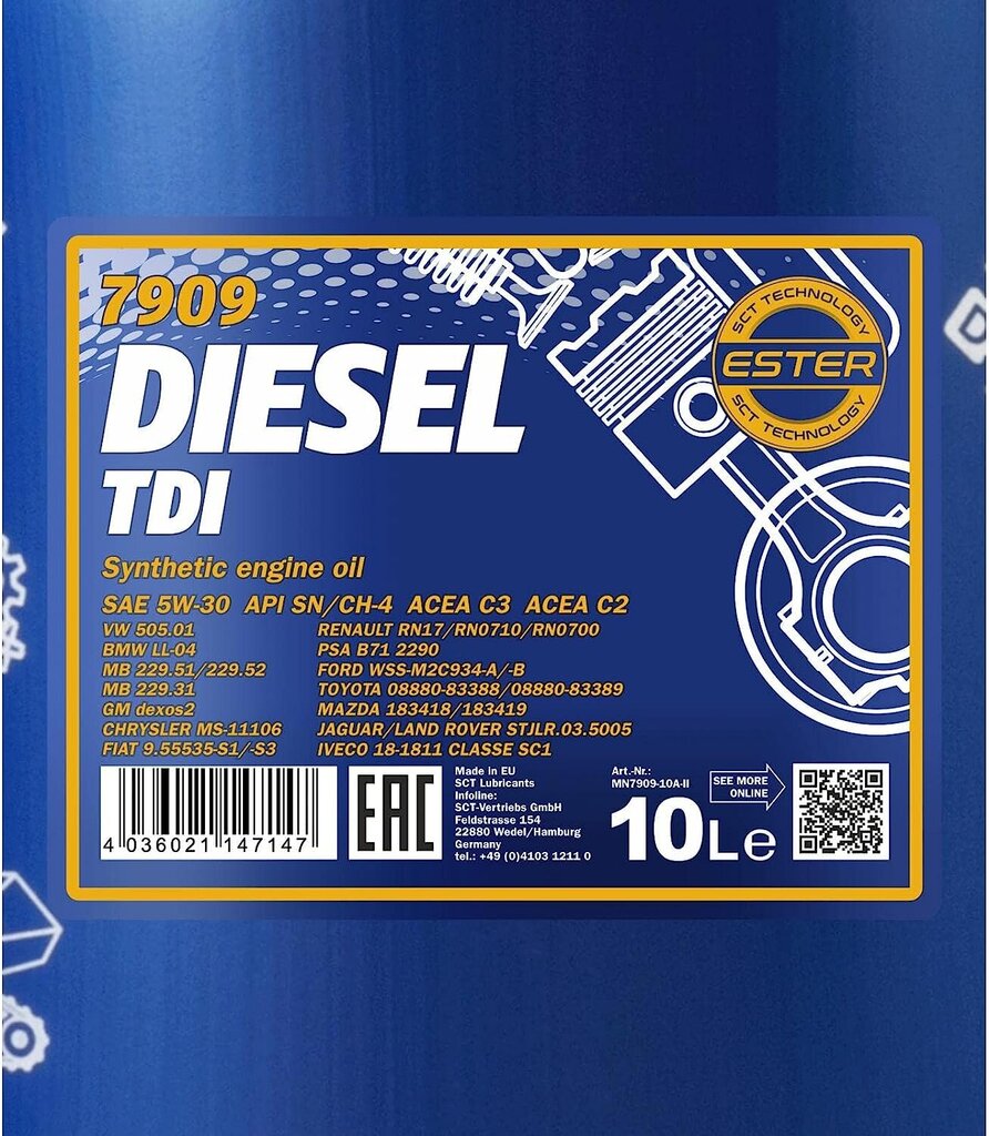Mannol dīzeļdegviela TDI 5W-30 API SN/CF Motorenöl, 10 Liteer cena un informācija | Motoreļļas | 220.lv