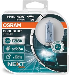 Osram Cool Blue® Intense H15, +20% больше яркости, до 3700 тыс., Лампа галогена, светодиодный вид, ящик для дуэта (2 лампы), 64176CBN-HCB цена и информация | Автомобильные лампочки | 220.lv