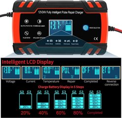 Yomao automašīnas akumulatora lādētājs 8A 12V/24 V Pilnīgi automātiska akumulatora lādēšanas automašīna ar LCD ekrāna saglabāšanas lādētāju automašīnai un motociklam (baterijām 6AH-15AH) cena un informācija | Akumulatoru lādētāji | 220.lv