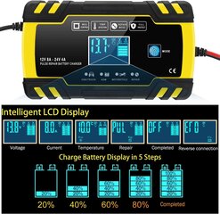 Yomao lādētāja automašīnas akumulators 8A 12V/24 V automašīnas akumulatora lādētājs Pilnībā automātisks inteliģenta saglabāšanas lādētājs ar LCD skārienekrānu automašīnai, motociklam, zāliena pļāvējam vai laivai cena un informācija | Akumulatoru lādētāji | 220.lv