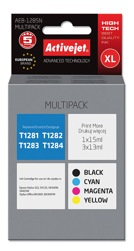 Activejet AEB-1285N tinte Epson printerim, Epson T1285 nomaiņa; Augstākā; 1 x 15 ml, 3 x 13 ml; melna, fuksīna, ciāna, dzeltena cena un informācija | Tintes kārtridži | 220.lv