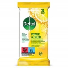 Antibakteriālas salvetes ​dezinfekcijai un tīrīšanai Dettol Power & Fresh Lemon, 36 gab. cena un informācija | Pirmā palīdzība | 220.lv