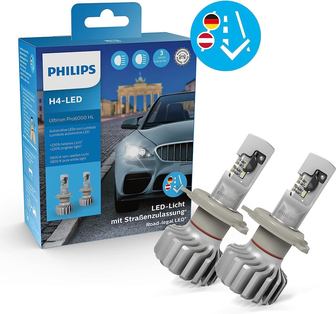 Philips Ultinon Pro6000 H4 LED lukturu lampa ar ielas apstiprinājumu, +230% vieglāka gaisma, 5800k cena un informācija | Auto spuldzes | 220.lv