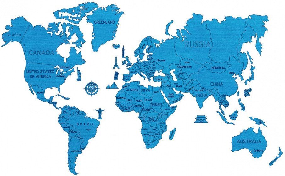 Pasaules karte 120 x 80 cm koka gaiši zila 46 daļas цена и информация | Gleznas | 220.lv