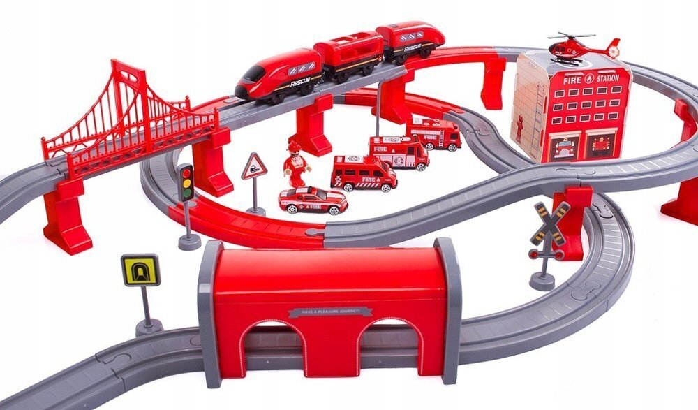 Rotaļlu ugunsdzēsēju pilsētas vilciena komplekts zēniem Lean Toys, sarkans cena un informācija | Rotaļlietas zēniem | 220.lv