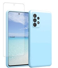 Komplekts - silikona vāciņš Samsung Galaxy A53 5G (real liquid silicone Easy Clean), zils (Blue sky) + Basic (Case Friendly) aizsargstikls cena un informācija | Telefonu vāciņi, maciņi | 220.lv