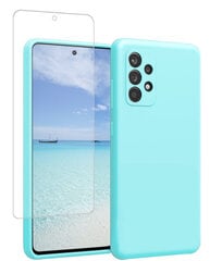 Komplekts - silikona vāciņš Samsung Galaxy A53 5G (real liquid silicone Easy Clean), zils (Turquoise crystal) + Basic (Case Friendly) aizsargstikls cena un informācija | Telefonu vāciņi, maciņi | 220.lv