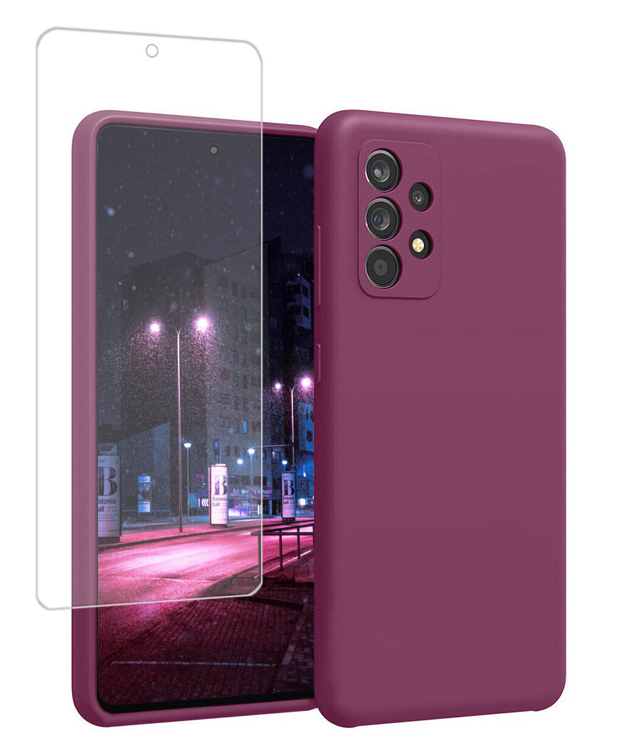 Komplekts - silikona vāciņš Samsung Galaxy A53 5G (real liquid silicone Easy Clean), violets (Maroon) + Basic (Case Friendly) aizsargstikls cena un informācija | Telefonu vāciņi, maciņi | 220.lv