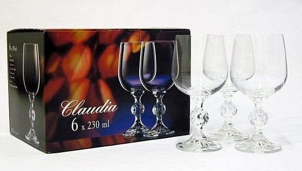 Vīna glāzes Claudia 6 gab. bez dekora (BOHEMIA CRYSTAL), 230 ml cena un informācija | Glāzes, krūzes, karafes | 220.lv