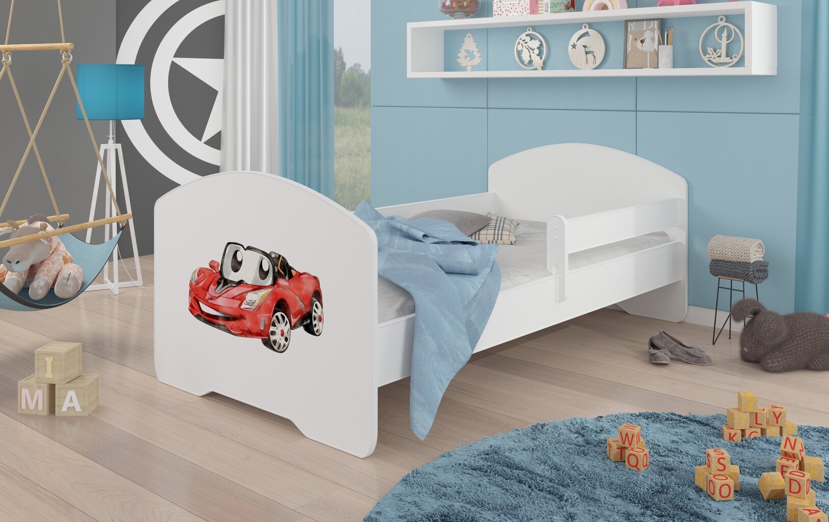 Gulta ADRK Furniture Pepe Barrier Red Car, 140x70 cm, balta cena un informācija | Bērnu gultas | 220.lv