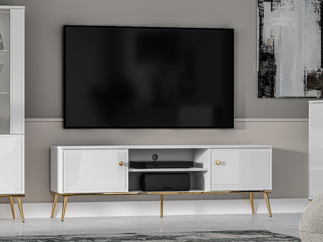 Televizora galdiņš ML Meble Goldin 06, balts/zeltains cena un informācija | TV galdiņi | 220.lv