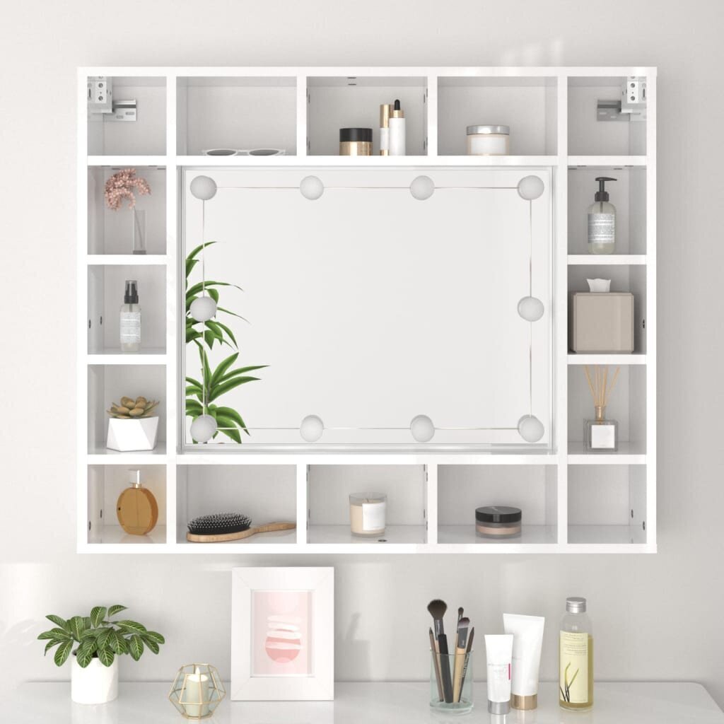 Spoguļskapis ar LED, balts, 91x15x76,5cm, spīdīgs cena un informācija | Vannas istabas skapīši | 220.lv