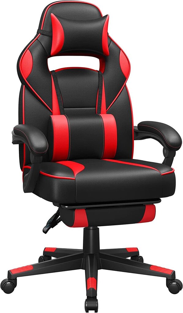 SongMics spēļu krēsls, galda krēsls ar kāju balstu, biroja krēsls ar galvas balstu un muguras spilventiņu, regulējams augstums, ergonomisks, 90-135 ° slīpuma leņķis, līdz 150 kg, melnā sarkanā krāsā OBG73BRV1 cena un informācija | Biroja krēsli | 220.lv