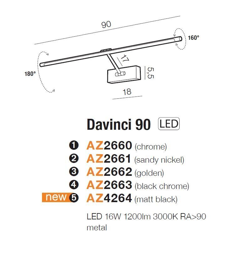 Sienas lampa AZzardo Davinci AZ2663 cena un informācija | Sienas lampas | 220.lv