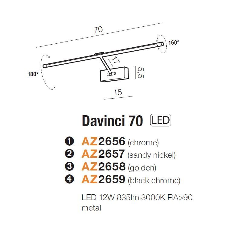 Sienas lampa AZzardo Davinci AZ2659 cena un informācija | Sienas lampas | 220.lv