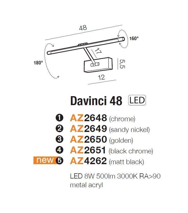 Sienas lampa AZzardo Davinci AZ2649 cena un informācija | Sienas lampas | 220.lv