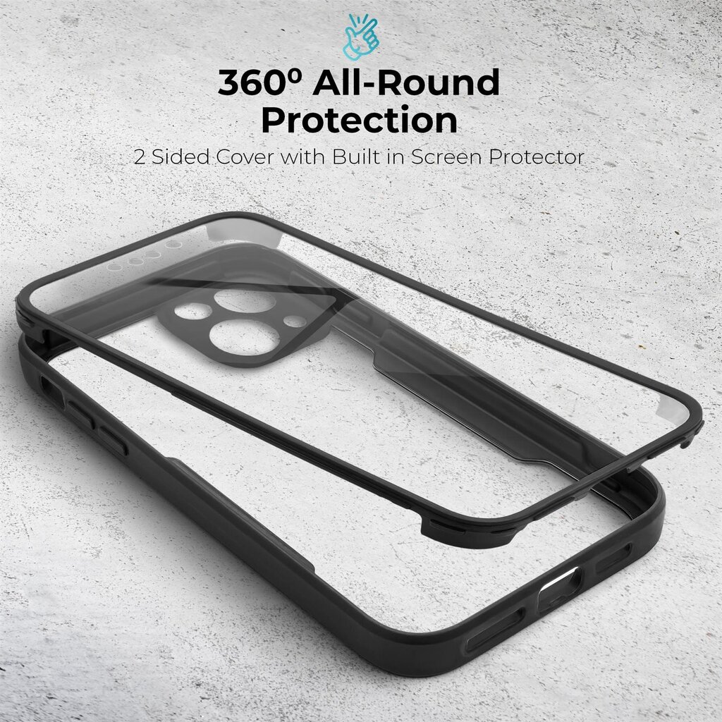 Moozy 360 grādu triecienizturīgs vāciņš iPhone 13 - Caurspīdīgs ar melnu rāmi, Divpusēja aizsardzība, Telefona vāciņš ar ekrāna aizsargu cena un informācija | Telefonu vāciņi, maciņi | 220.lv