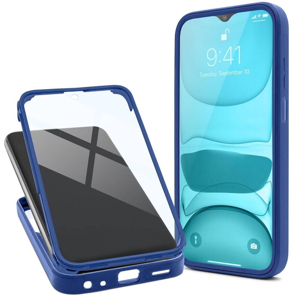 Moozy 360 grādu triecienizturīgs vāciņš Samsung Galaxy A22 5G - Caurspīdīgs ar zilu rāmi, Divpusēja aizsardzība, Telefona vāciņš ar ekrāna aizsargu cena un informācija | Telefonu vāciņi, maciņi | 220.lv