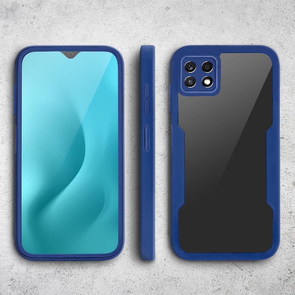 Moozy 360 grādu triecienizturīgs vāciņš Samsung Galaxy A22 5G - Caurspīdīgs ar zilu rāmi, Divpusēja aizsardzība, Telefona vāciņš ar ekrāna aizsargu cena un informācija | Telefonu vāciņi, maciņi | 220.lv