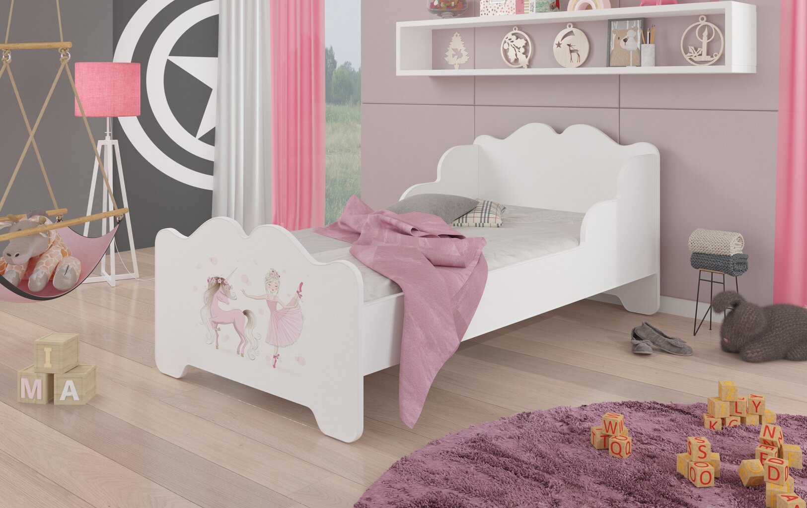 Gulta ADRK Furniture Ximena Ballerina with Unicorn, 160x80 cm, balta cena un informācija | Bērnu gultas | 220.lv