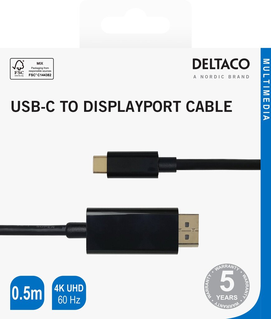 USB-C - DisplayPort cable Deltaco 4K UHD, gold plated, 0.5m, black / USBC-DP050-K / 00140011 cena un informācija | Kabeļi un vadi | 220.lv