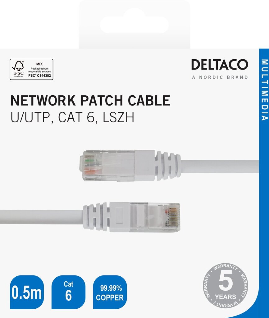 Deltaco TP-60V-K, U/UTP Cat6, 0.5 m cena un informācija | Kabeļi un vadi | 220.lv