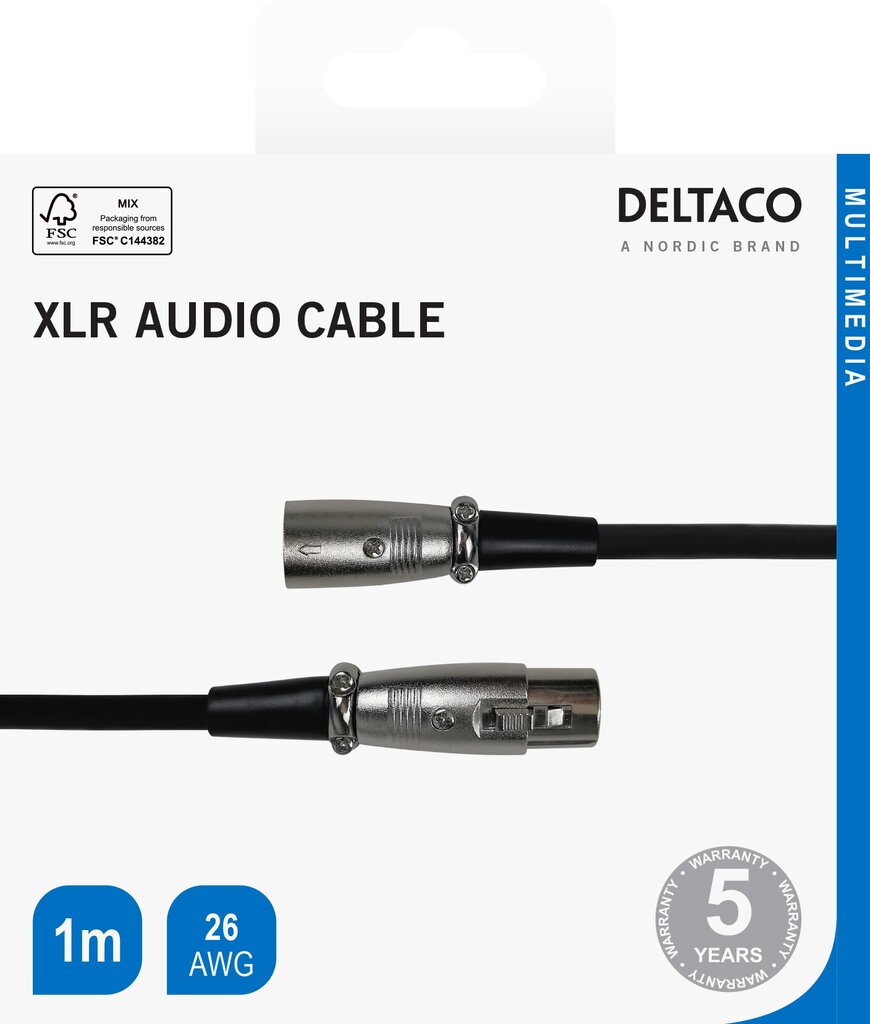 XLR audio kabelis Deltaco 3-pin male - 3-pin female, 26 AWG, 1m, melns / XLR-1010-K / 00160001 cena un informācija | Kabeļi un vadi | 220.lv