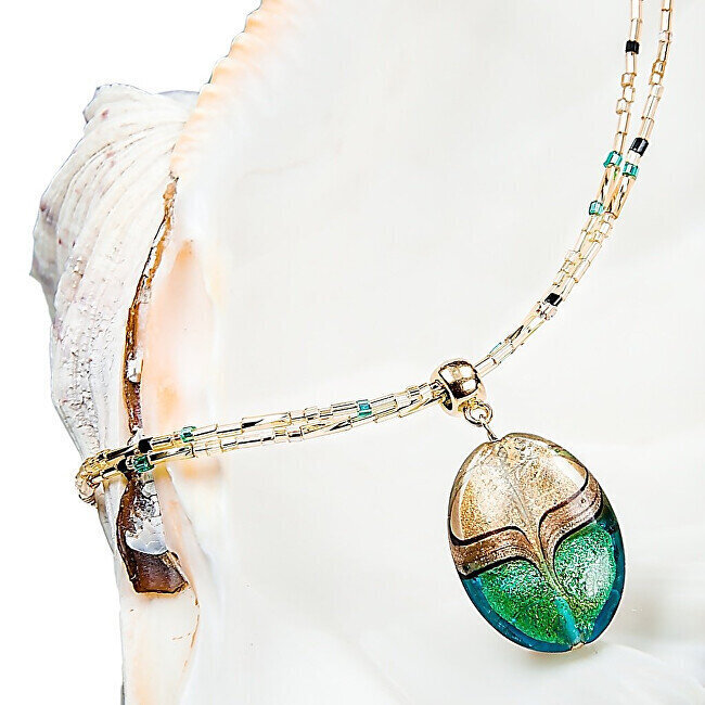 Lampglas Eleganta sieviešu kaklarota Green Sea World ar Lampglas pērli ar 24 karātu zeltu un aventurīnu NP26 cena un informācija | Kaklarotas | 220.lv