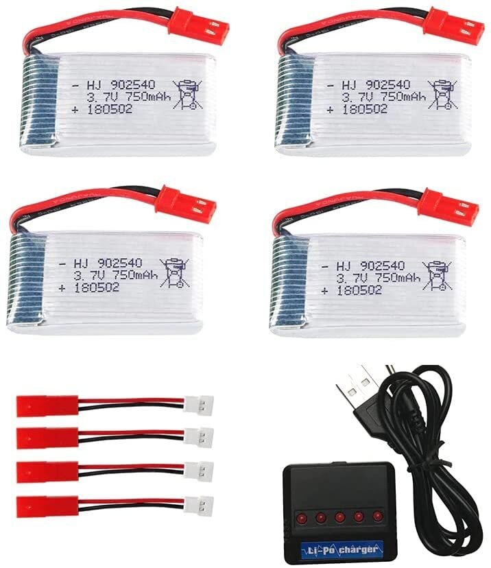 4 gabali uzlādējams Lipo akumulators (3.7 V 750mAh) MJX X300C X400 X800 RC kvadrikopteru droniem + lādētājs cena un informācija | Smart ierīces un piederumi | 220.lv