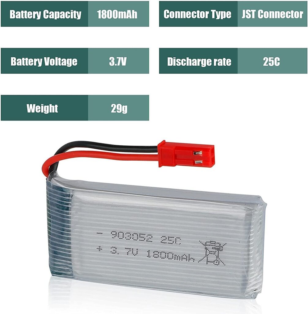 1 gabals 3,7 V 1800 mAh 25C li-po akumulators ar JST kontaktdakšu JJRC H11D H11C HQ898B kvadrikopteram RC helikopteram cena un informācija | Smart ierīces un piederumi | 220.lv