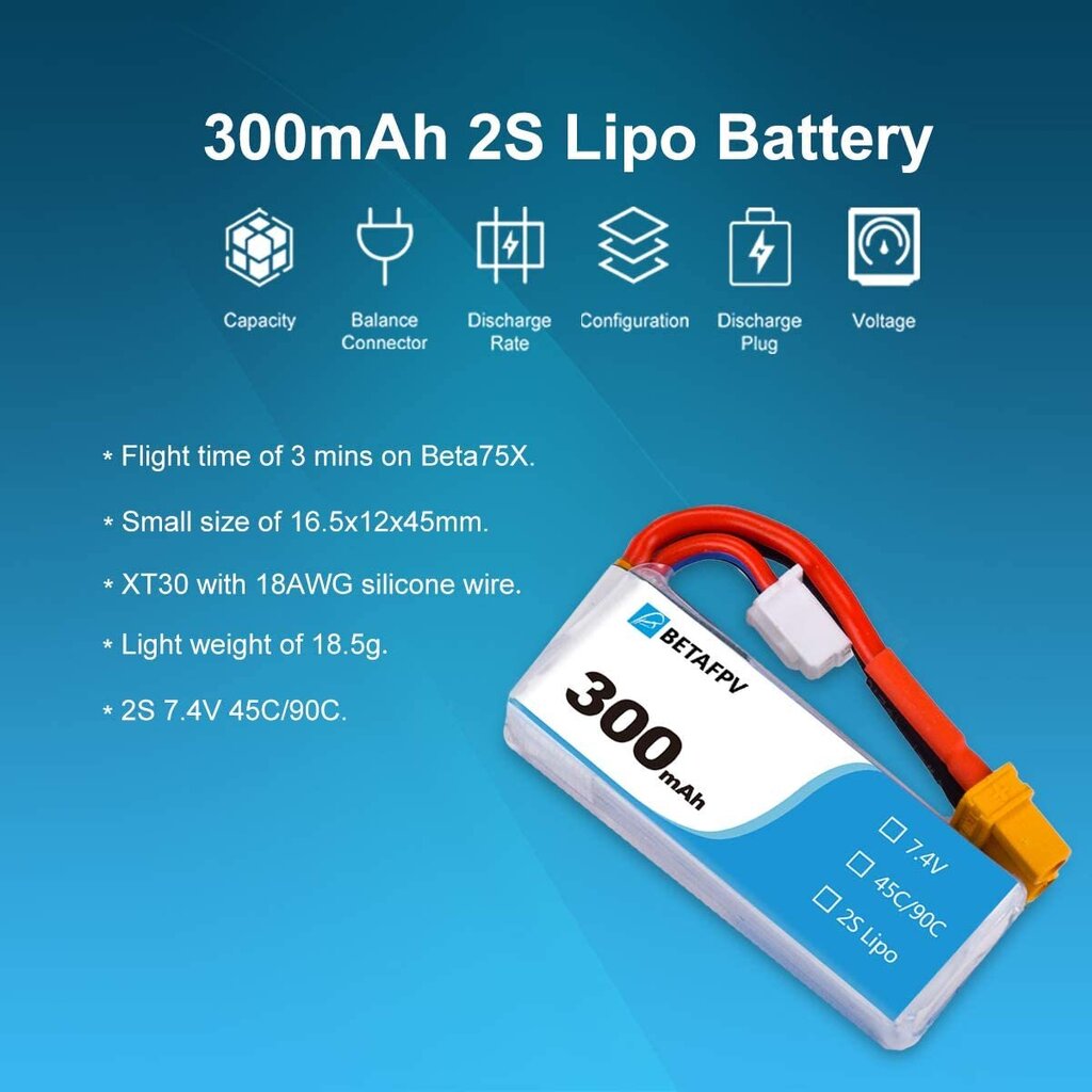 1 gabals Lipo akumulators 7.4V 300mAh 45C 2S HV Battery XT30 18AWG silikona stieple 2S Whoop цена и информация | Smart ierīces un piederumi | 220.lv