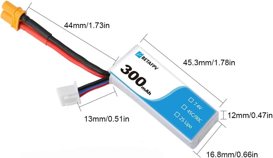 1 gabals Lipo akumulators 7.4V 300mAh 45C 2S HV Battery XT30 18AWG silikona stieple 2S Whoop цена и информация | Smart ierīces un piederumi | 220.lv