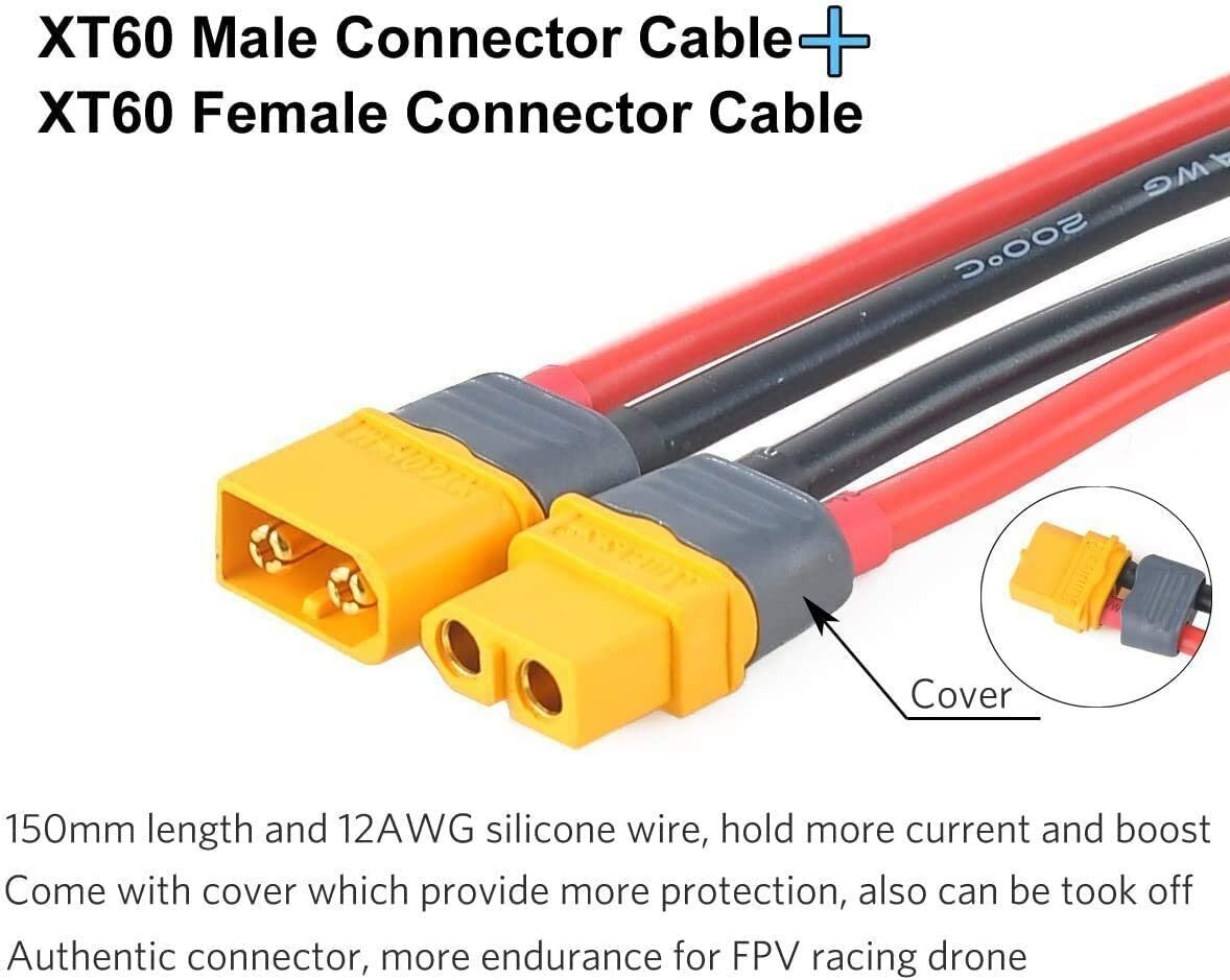 2 pāri XT60 sieviešu savienotājs ar 150mm 12AWG silikona kabeļa korpusa savienotāju Lipo akumulatora FPV dronam cena un informācija | Smart ierīces un piederumi | 220.lv