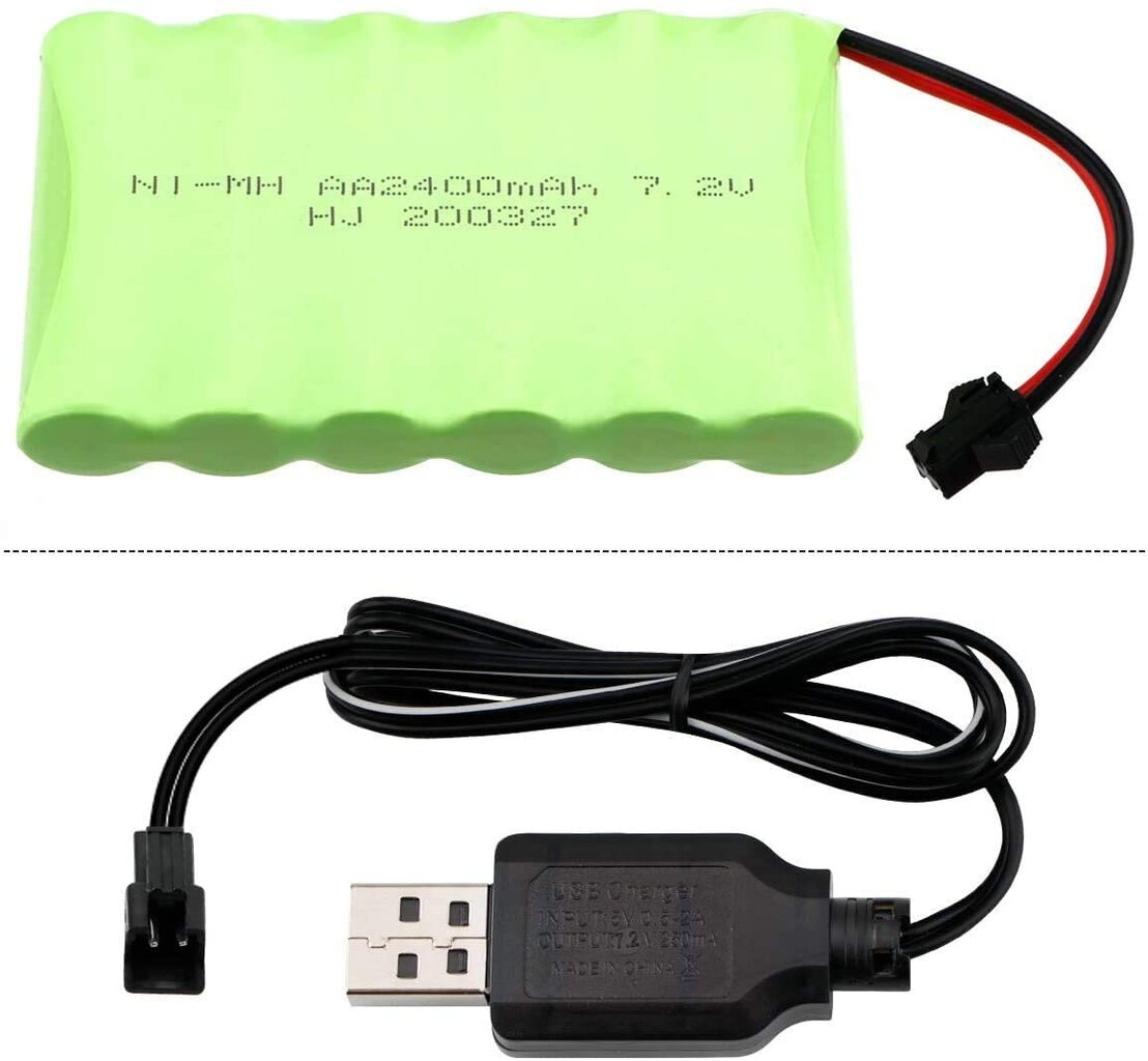 1 gab. 7.2V 2400mAh Ni-MH AA uzlādējams akumulators ar sm-2P 2Pin kontaktdakšu un USB lādētāja kabeli RC kravas automašīnām cena un informācija | Smart ierīces un piederumi | 220.lv