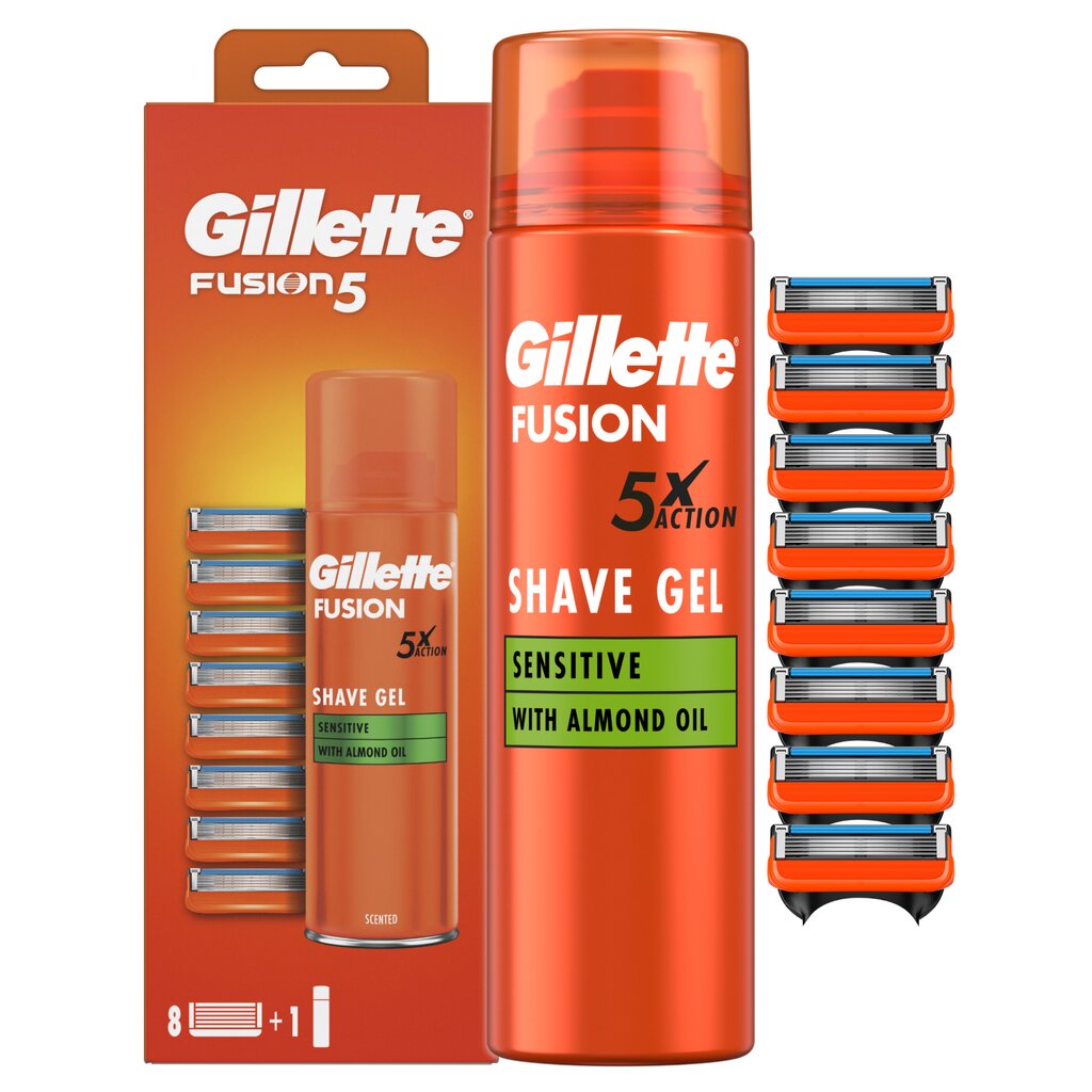 Komplekts Gillette Fusion: rezerves galviņas, 8gb + skūšanās želeja, 200ml cena un informācija | Skūšanās piederumi, kosmētika | 220.lv