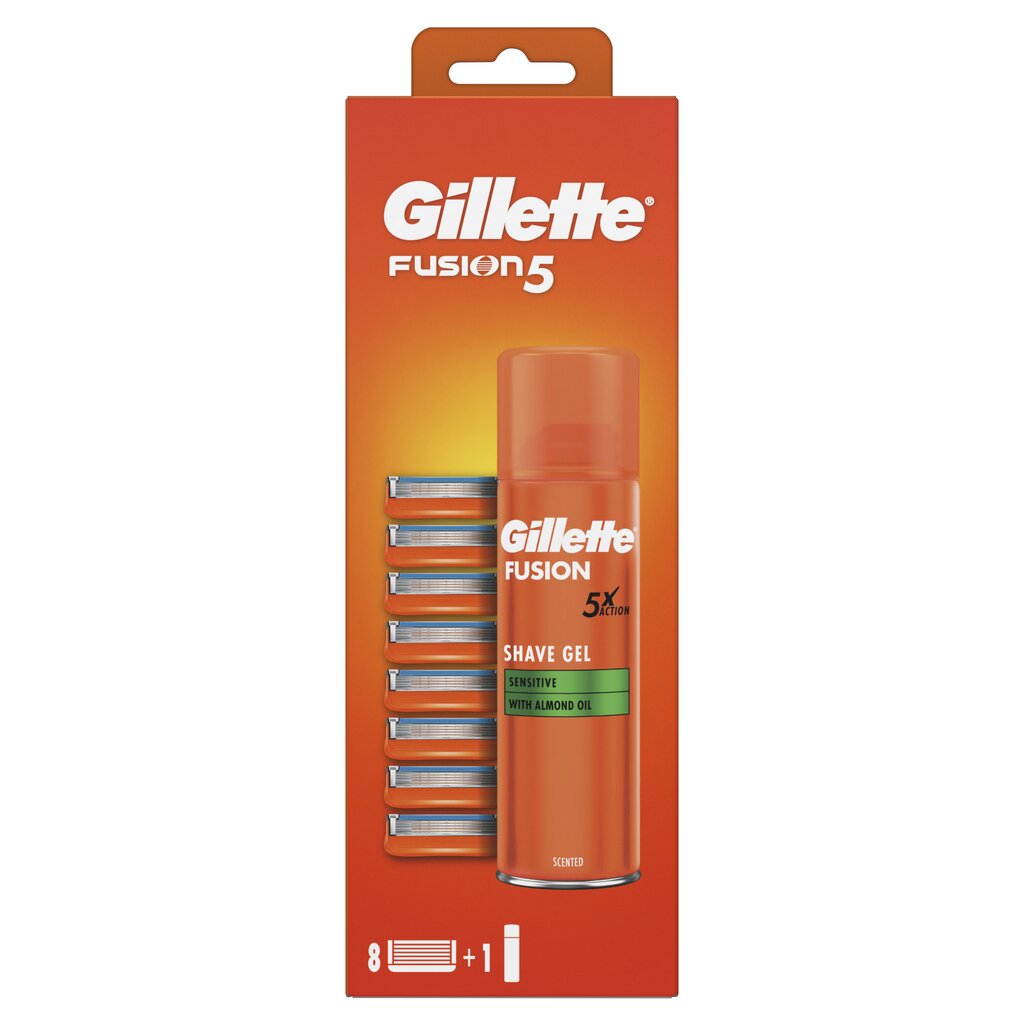 Komplekts Gillette Fusion: rezerves galviņas, 8gb + skūšanās želeja, 200ml cena un informācija | Skūšanās piederumi, kosmētika | 220.lv