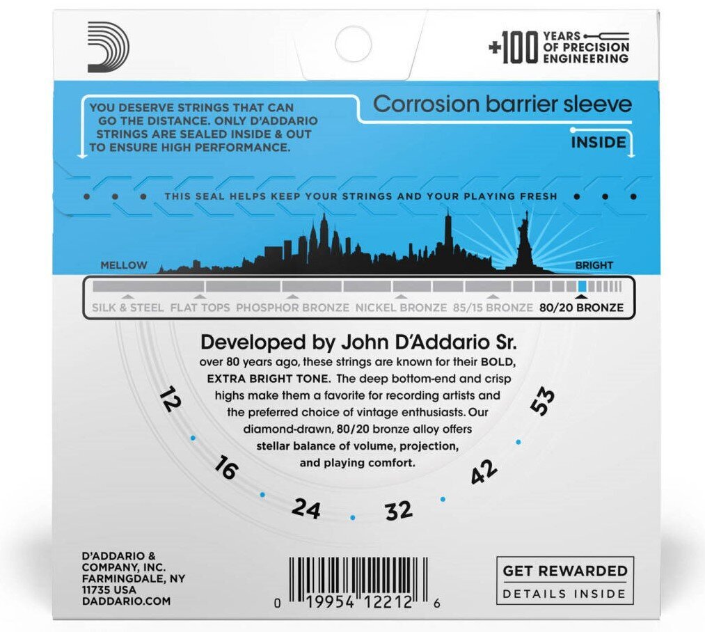 Stīgas akustiskajai ģitārai D'Addario EJ11 .012 cena un informācija | Mūzikas instrumentu piederumi | 220.lv