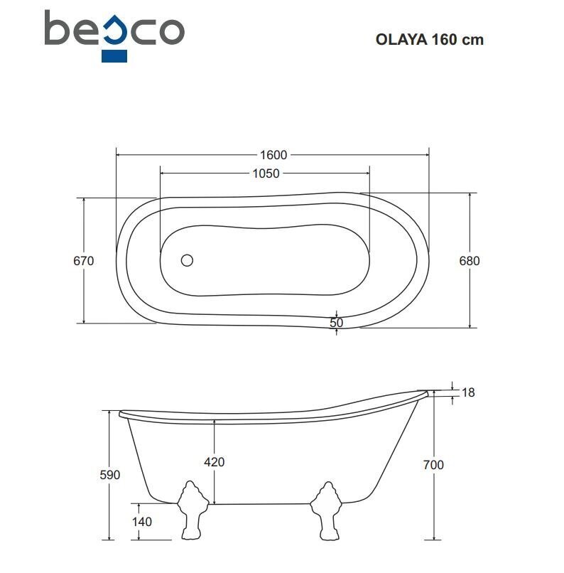 Vanna Besco Olaya 160, White+Gold cena un informācija | Vannas | 220.lv