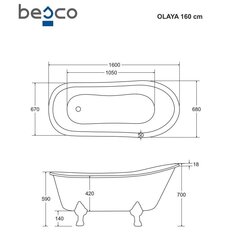 Vanna Besco Olaya 160, White+Chrome cena un informācija | Vannas | 220.lv