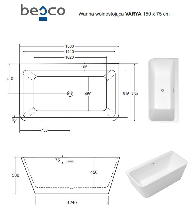Vanna Besco Varya Glam 150 Graphite, ar baltu sifona pārsegu cena un informācija | Vannas | 220.lv
